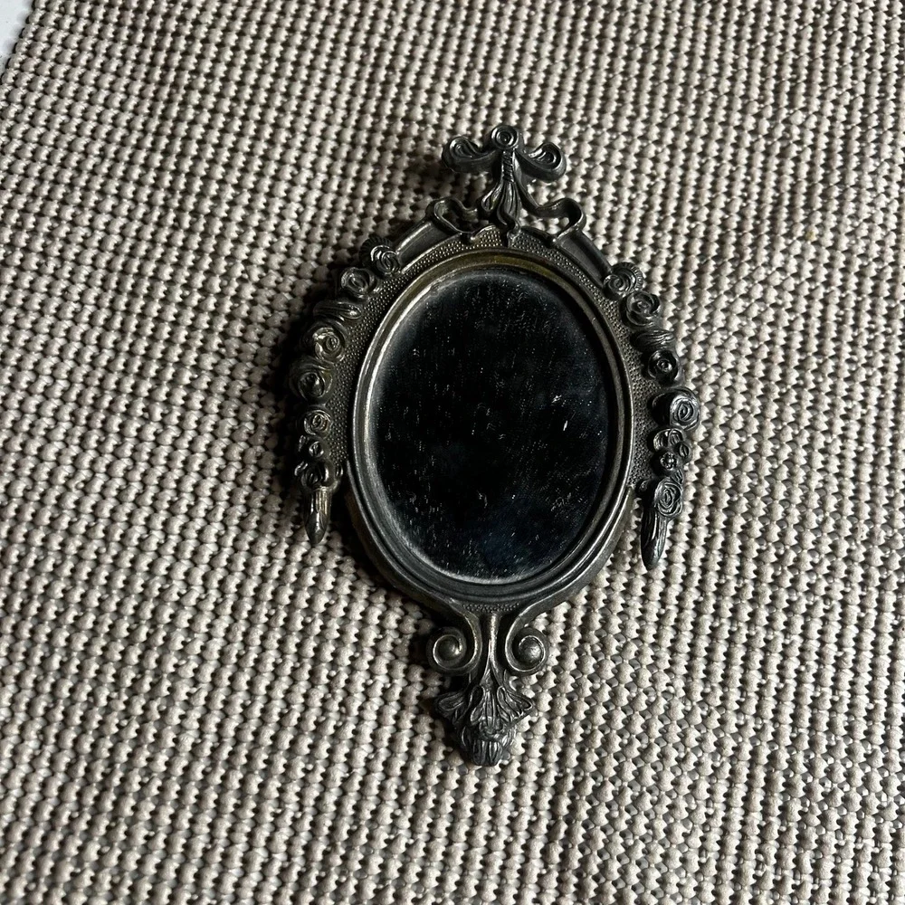 Vintage Italy Miniature Oval Wall Mirror Silver Tone Rose Floral Bow Ornate 5